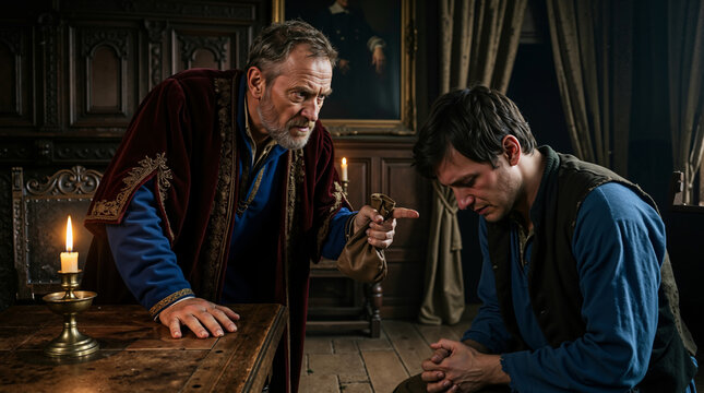 Master confronting a fearful servant over a pouch of money. Parable of the talents biblical scene in historical interior. Christian religious drama concept