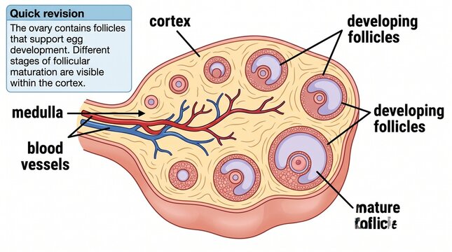 Human ovary diagram showing follicle development and maturation stages