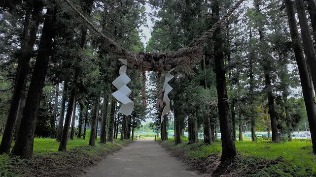 POV walking out of Nasu Shrine through a stone torii gate with sacred rope, transitioning from serene forest to secular world, Tochigi, Japan (Japanese text on the torii gate translates to dedication)