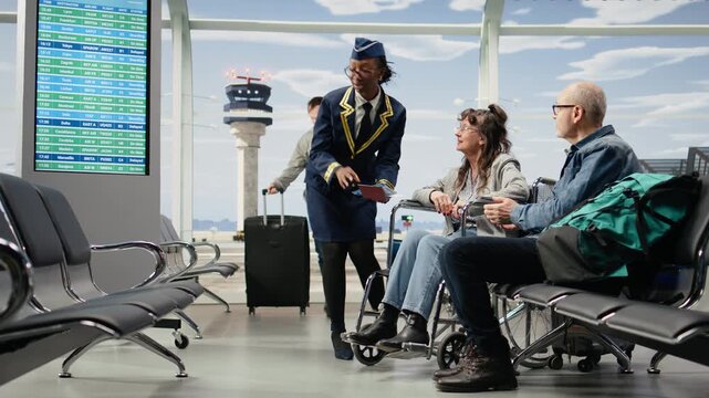 Flight attendant provides guidance and ticket control to an elderly woman in a wheelchair and her husband at the gate, supporting accessible boarding.