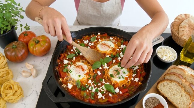 Top View of Cook Garnishing Homemade Shakshuka with Feta Cheese and Herbs. Middle Eastern Gastronomy and Savory Brunch Culinary Concept Banner with Copy Space