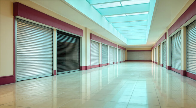 Deserted shopping mall corridor with closed metal security gates. Empty retail hallway under a cyan skylight with polished reflective floor. Liminal space and horror concept