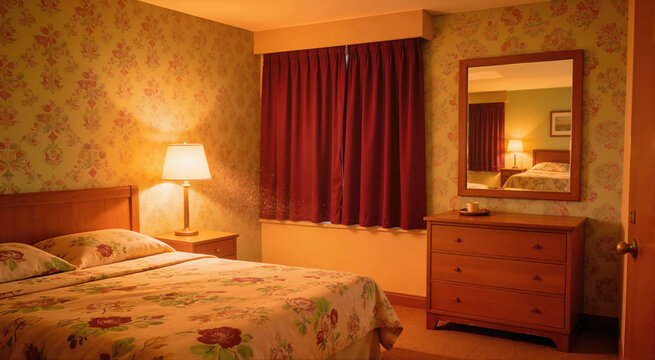 Retro motel bedroom with floral wallpaper and burgundy curtains. Glowing dust motes anomaly near a bedside lamp. Haunted room horror concept