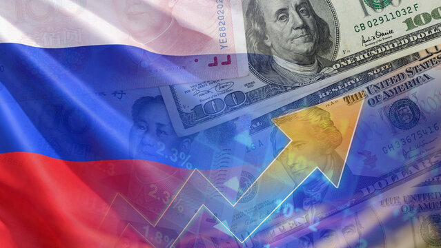 Russia's foreign exchange reserves and multi-currency international trade growth, featuring a mix of US dollar bills with Benjamin Franklin and Chinese yuan banknotes with Mao Zedong