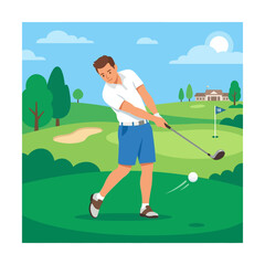 Obraz premium Man Golfing On A Sunny Day With Green Fairway And Blue Sky