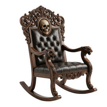 Gothic rocking chair with skull carving and lion armrests isolated on transparent background