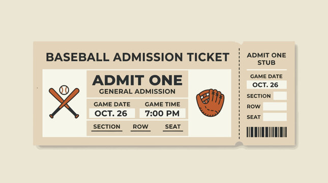 Vintage Baseball Admission Ticket With Crossed Bats And Glove Illustration