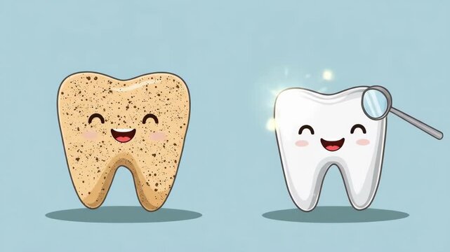 Illustration of happy clean tooth and dirty tooth with smiling faces
