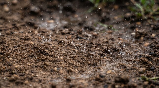 Fresh rain falling on dark fertile soil in the garden close up view of raindrops splashing on dry ground