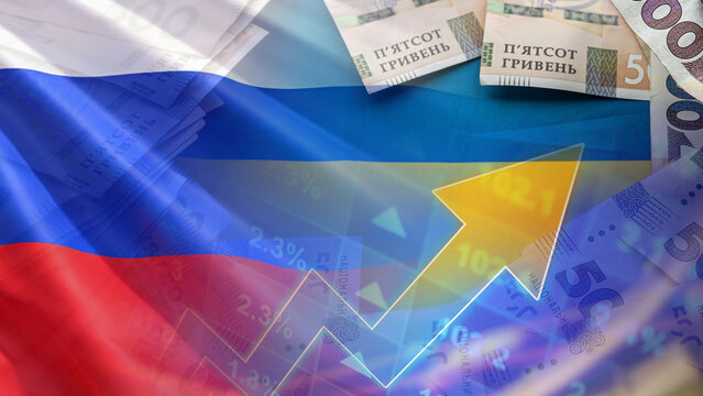Russia's regional economic interactions and bilateral trade dynamics, featuring Ukrainian hryvnia banknotes over the Ukrainian national flag, a superimposed Russian national flag, and concepts 