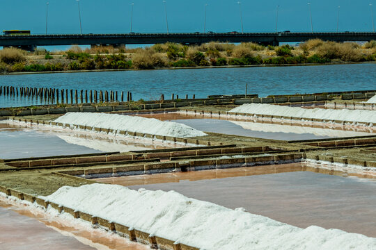 Salt Evaporation Ponds and Industrial Flats Under a Blue Sky