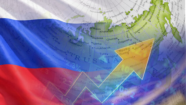 Russia's regional trade expansion and national economic infrastructure growth, featuring a geographic world map focusing on the territory of Russia, a superimposed Russian national flag, and concepts 