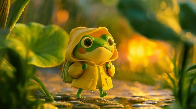 Illustration of a cute frog character taking a walk in a yellow raincoat on a rainy day