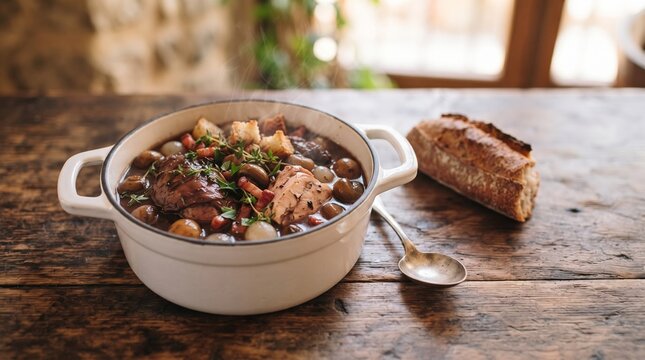 Classic French Beef Bourguignon Stew in Ceramic Casserole on Wooden Table. French Gastronomy and Rustic Comfort Food Banner with Copy Space