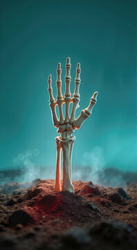 Skeletal hand emerging from dark soil with thin mist. Vertical photo of a skeleton arm rising from the ground in teal and red lighting
