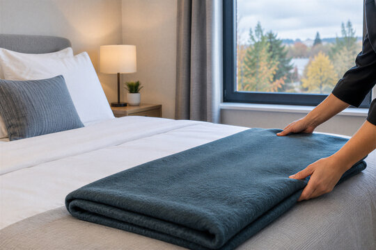 Hospitality worker adding an extra blanket to a guest room bed for comfortable accommodation during cool autumn weather