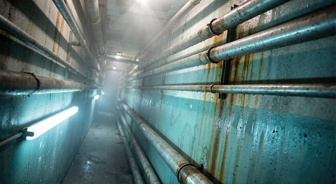 Industrial concrete corridor with rusty pipes and water condensation. Dark underground tunnel with humid haze and cold fluorescent light. Spooky abandoned basement background