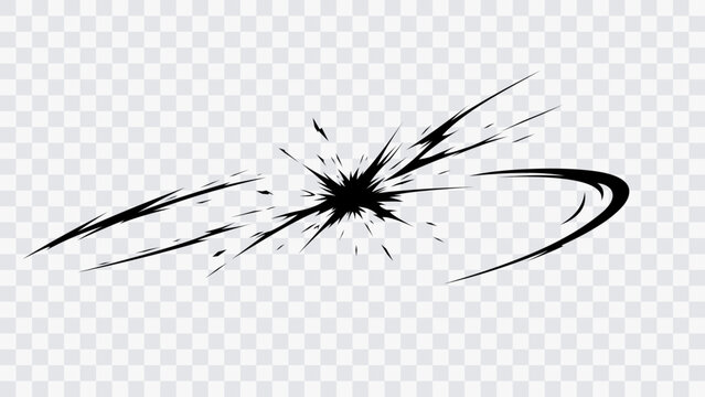 Abstract black comic burst with sharp rays and curved speed trail isolated on transparent background. Manga action effect for impact, explosion, and graphic design overlay.