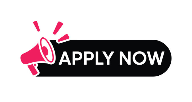 Apply Now Button with Megaphone. A stylized graphic of a black button with rounded edges and white text reading APPLY NOW sits next to a pink megaphone with radiating lines.