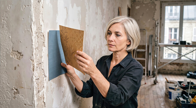 Woman comparing blue textured and gold patterned wallpaper swatches against an unfinished plaster wall during home renovation. Interior redesign, decoration project and wall makeover process