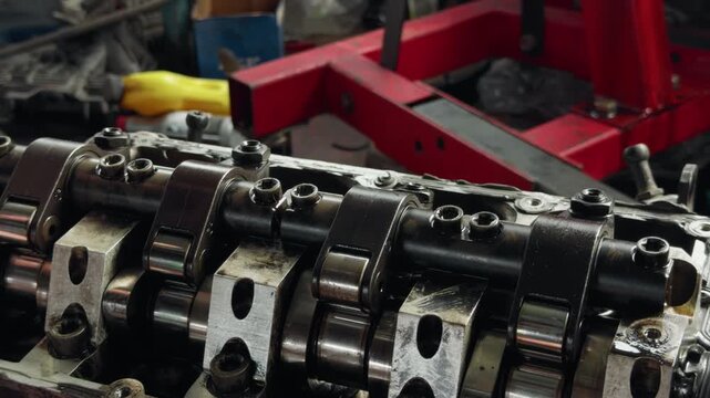 Close-up of engine camshaft assembly with rocker arms and metal components in workshop
