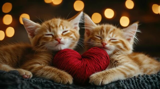 Adorable ginger kittens cuddling with red heart yarn against warm bokeh lights. The 14th of February. Happy Valentine's Day