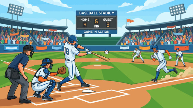 Energetic Baseball Game In Action At A Crowded Stadium