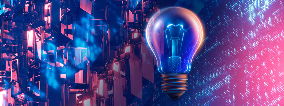 Creative idea and innovation abstract banner with glowing neon light bulb on digital background