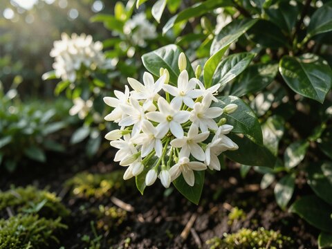 Arabian Royal Sambac Jasmine Blossoms Blooming in Natural Garden Habitat