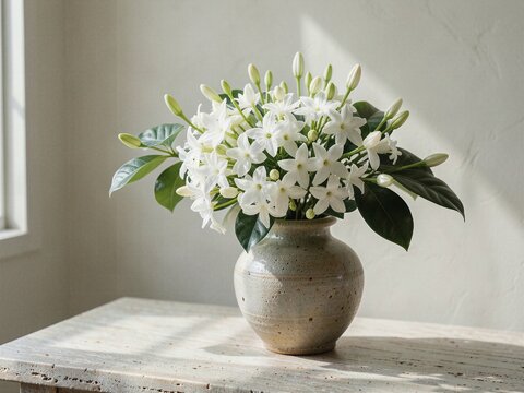 Arabian Royal Sambac Jasmine Flowers in Artisan Ceramic Vase on Table