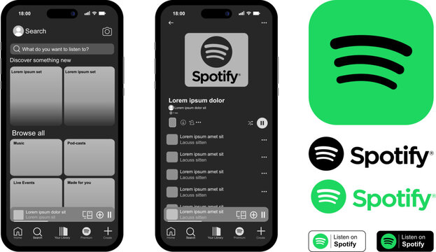 Spotify app interface and vector logos, mobile screen mockup for music streaming, official audio platform icon set