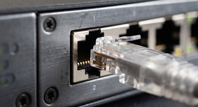 Network cable connector close-up plugged into professional patch panel for IT infrastructure and tech stock images