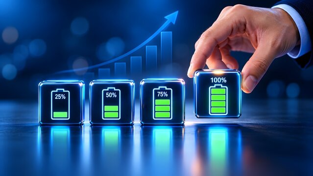 Hand placing a full battery icon block next to a rising financial chart. Concept of business growth, energy management, and corporate productivity.