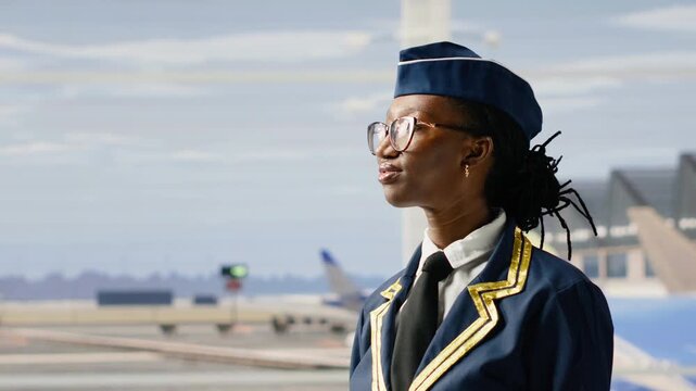 Woman flight attendant in uniform walking at airport terminal gate with luggage, preparing for boarding, highlighting airline staff and helpful travel industry.