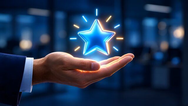 Hand holding a glowing neon star over a dark blurred background. Concept of premium corporate quality, leadership achievement and top service rating.