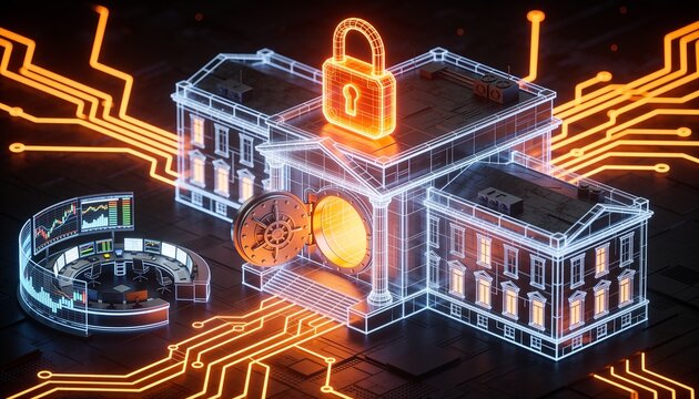 Isometric bank headquarters with glowing orange padlock, vault and trading floor rendered as holographic wireframes, neon orange circuit lines, dark background, financial cybersecurity concept