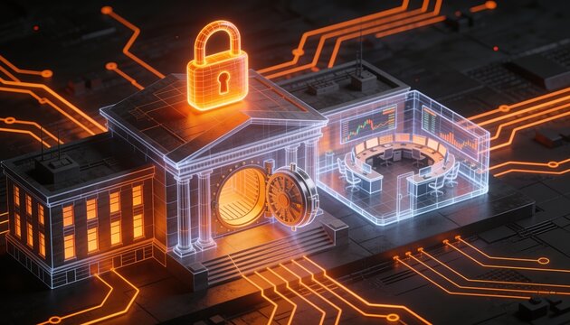 Isometric bank headquarters with glowing orange padlock, vault and trading floor rendered as holographic wireframes, neon orange circuit lines, dark background, financial cybersecurity concept