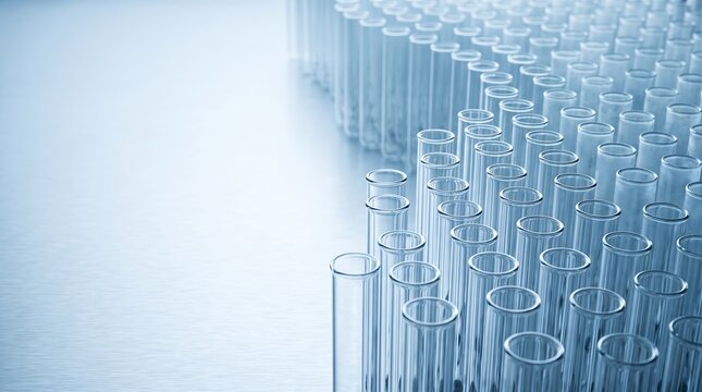 Rows of empty glass test tubes arranged in a curved pattern on a laboratory surface