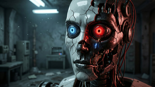 Close-up of terrifying AI robot face with cracked mask in abandoned laboratory, cinematic