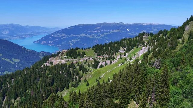 Red cogwheel railway train in Swiss Alps. Schynige Platte mountain near Interlaken. Switzerland summer tourism hiking destination. 