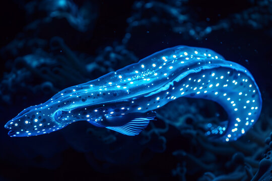 ioluminescent blue deep sea eel with glowing spots swimming in dark ocean water macro photography