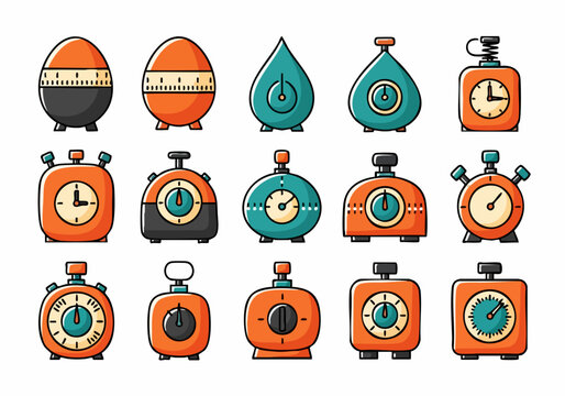 Colorful collection of retro kitchen timers and stopwatches