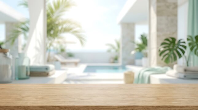 Empty wooden table surface with blurred tropical resort beach swimming pool background for product display web banner