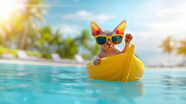 Hairless cat in sunglasses riding in a yellow toy boat on the water. Summer funny pet relaxing on vacation. Happy animal enjoying outdoor activity near tropical pool.