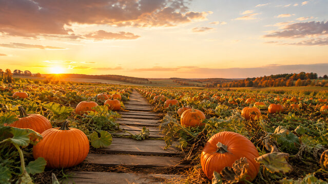 Photorealistic wide view of a pumpkin field during golden hour, with fresh orange pumpkins growing along a rustic wooden pathway, creating a seasonal setting for Halloween preparation, pumpkin picking