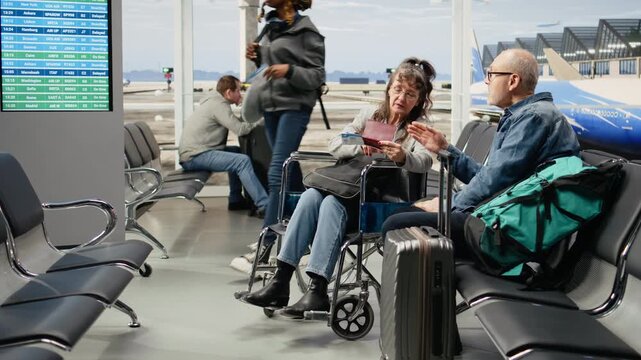 Retired woman in a wheelchair prepares to board with her husband in an accessible airport terminal highlighting barrier-free travel in later life.