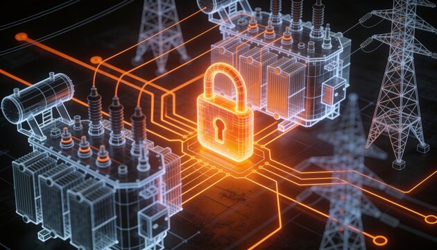 Isometric electrical substation with glowing orange padlock, transformers and high voltage towers as holographic wireframes, neon orange circuit lines, dark background, power grid cybersecurity
