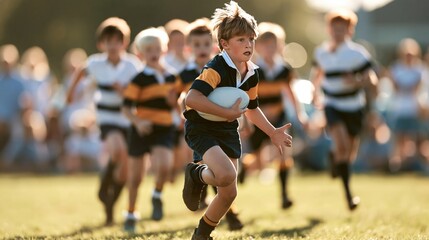 Fototapeta premium Energetic young boy in rugby kit running with ball during outdoor school sports match with teammates