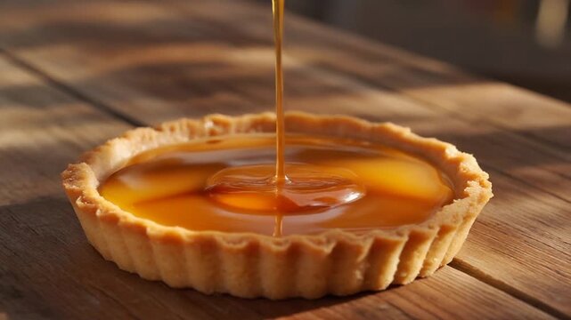  Macadamia honey tart inspired by Australian flavors, tart resting still on a rustic wooden table, warm afternoon sunlight, natural shadows and reflections