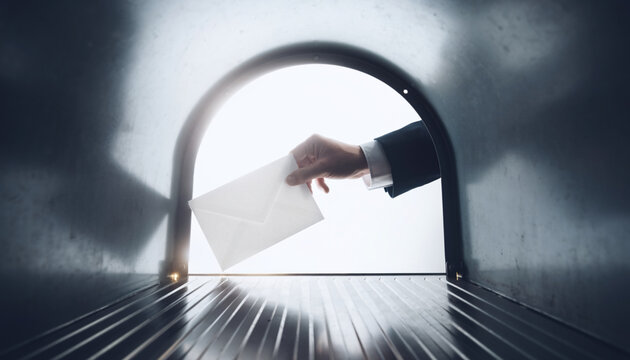 Businessman Hand Putting White Envelope into Metal Mailbox Inside View